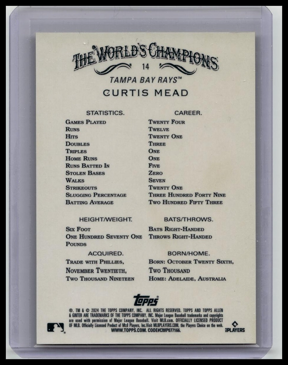 2024 Topps Allen & Ginter Curtis Mead Superfractor Rookie Card RC #1/1 Rays