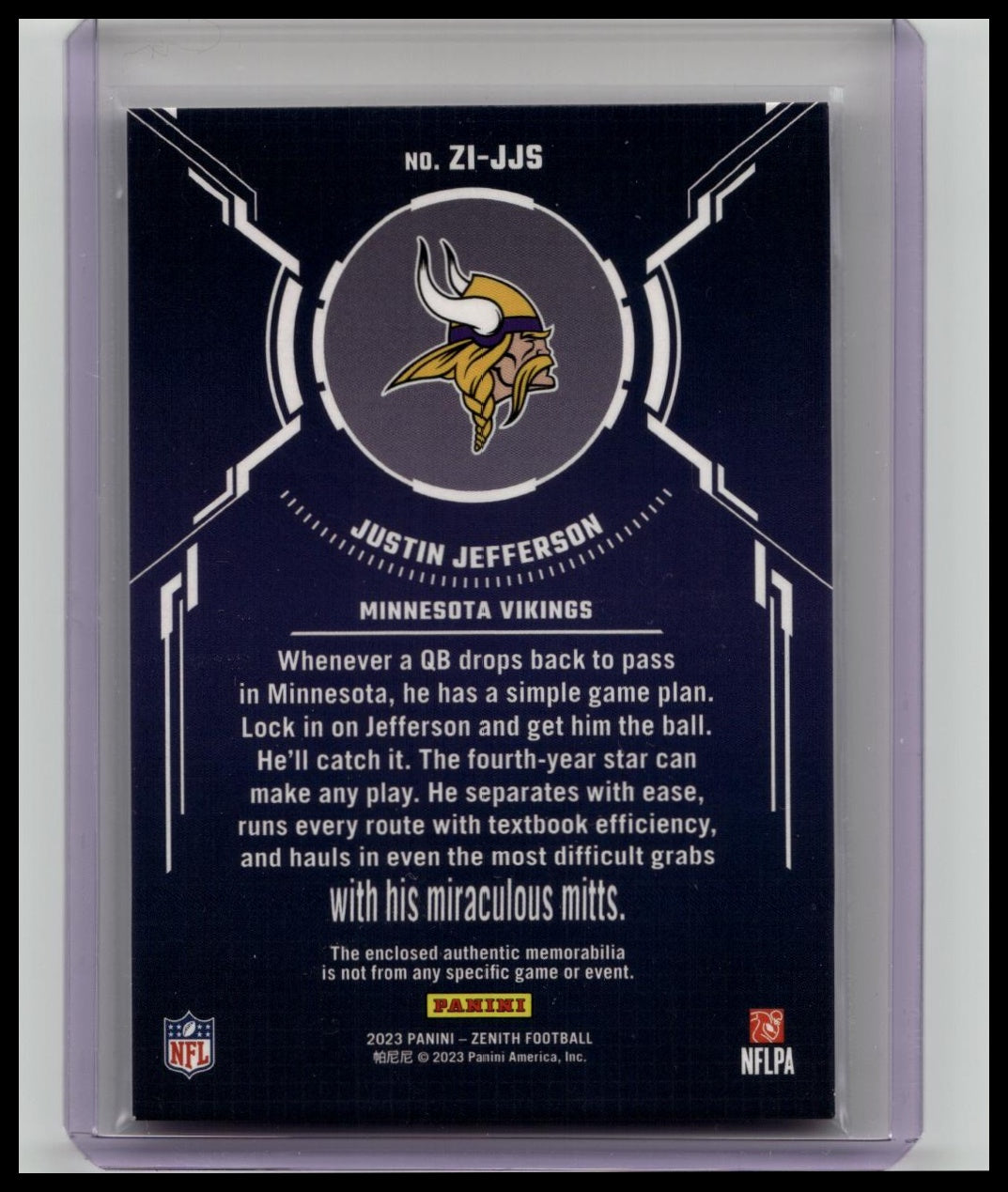 2023 Zenith Justin Jefferson Zoned In Jersey Relic #ZI-JJS Vikings