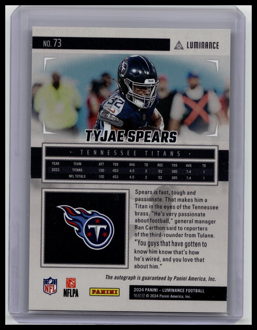 2024 Panini Luminance Auto #73 TYJAE SPEARS /300 Tennessee Titans