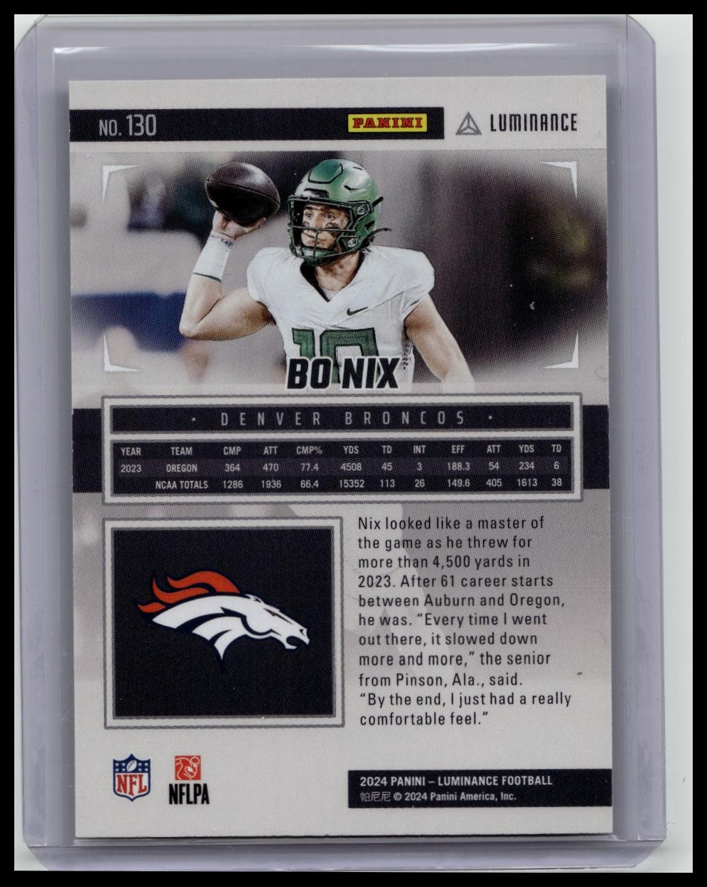 Bo Nix Rookie (RC) - 2024 Panini Luminance #130 - Blue /150 - Denver Broncos