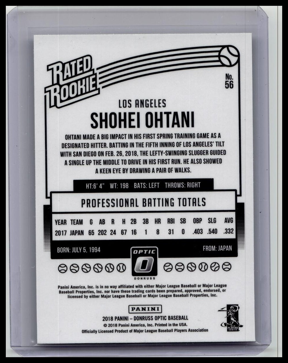 2018 Optic Shohei Ohtani Rated Rookie