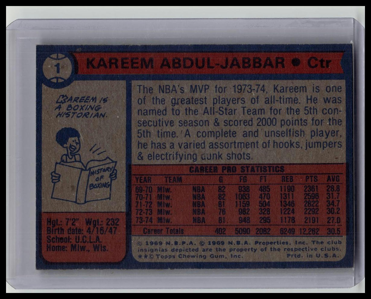 1974-75 Topps # 1 Kareem Abdul-Jabbar