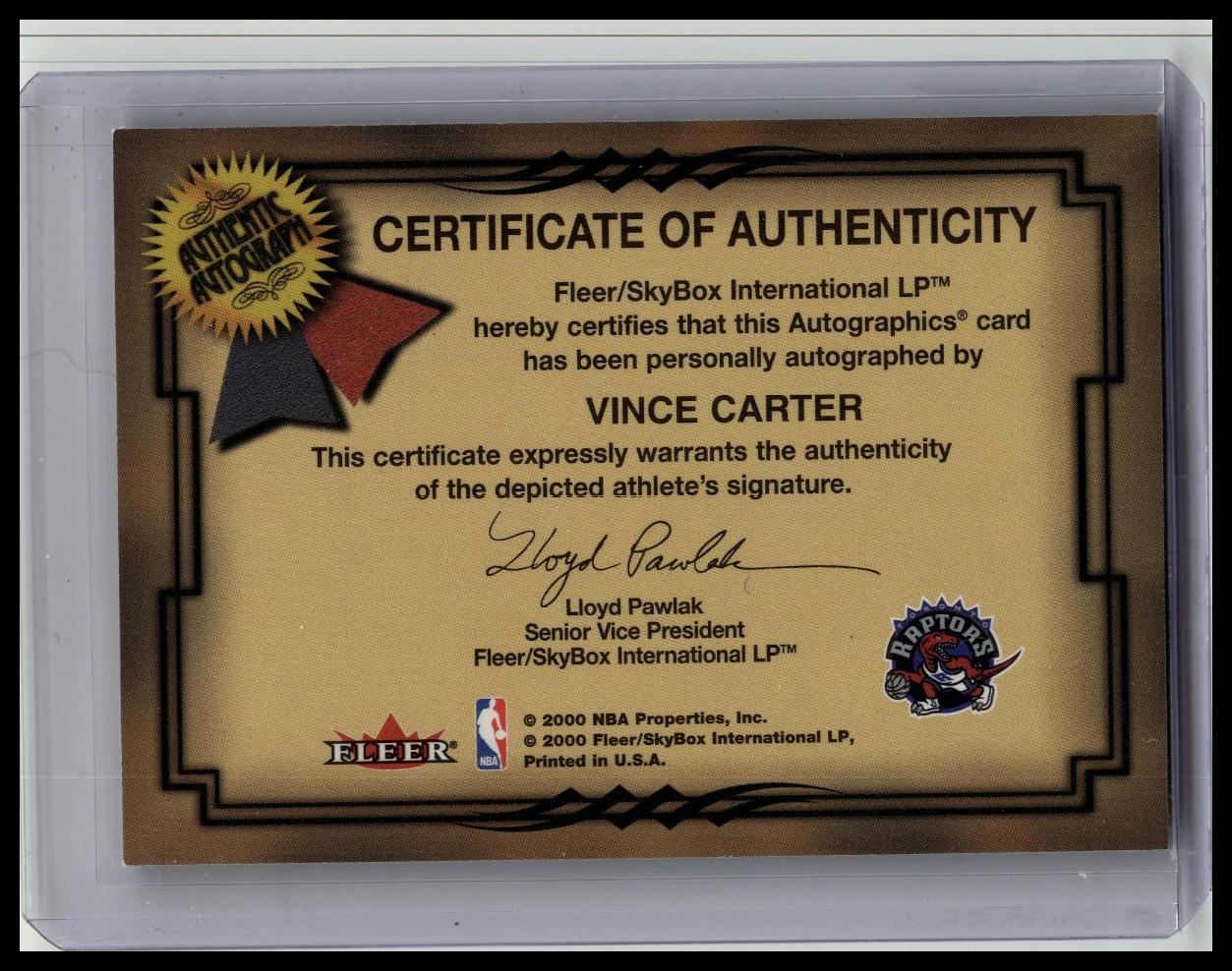 2000 Fleer Autographics Vince Carter On Card Auto