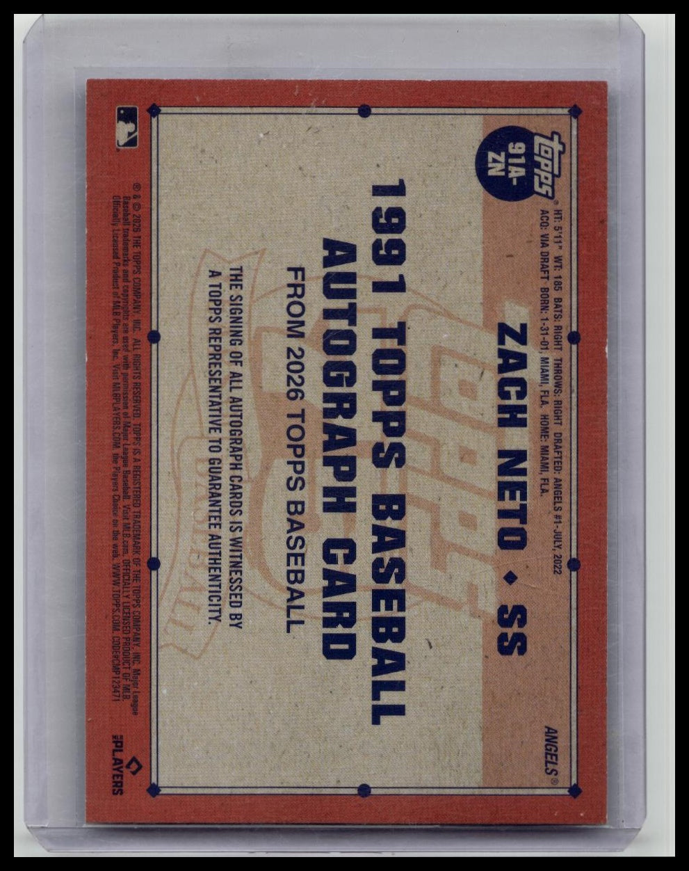 Zach Neto 2026 Topps Series 1 1991 35th Blue Auto #137/150 Angels #91A-ZN