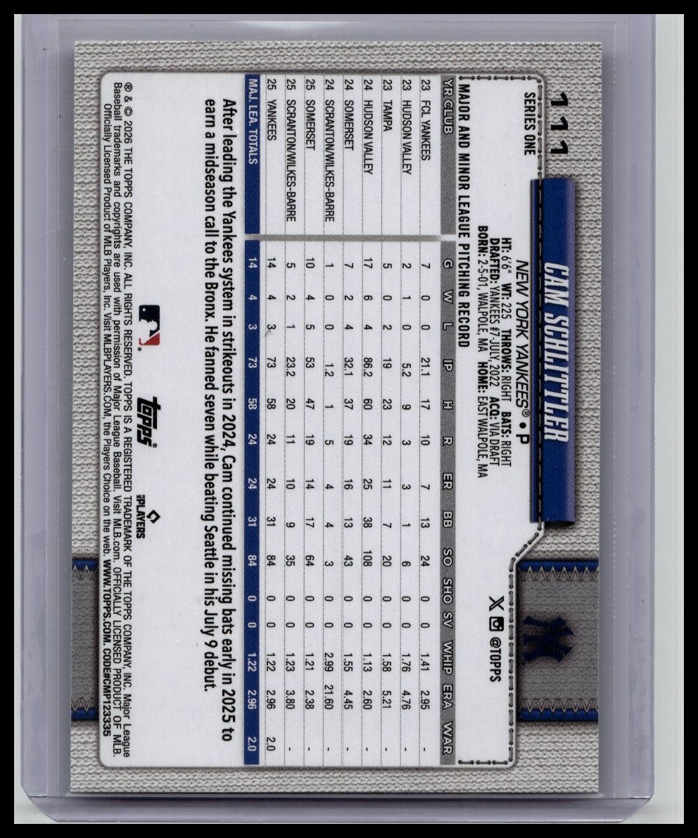 2026 Topps Series 1 - Cam Schlittler #111 Team Logo Border (RC) Yankees