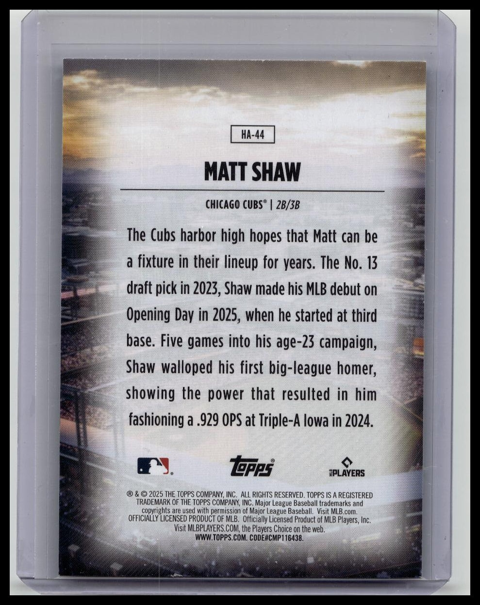 2025 Topps Update Matt Shaw Home Field Advantage HA-44 Rookie Insert Cubs