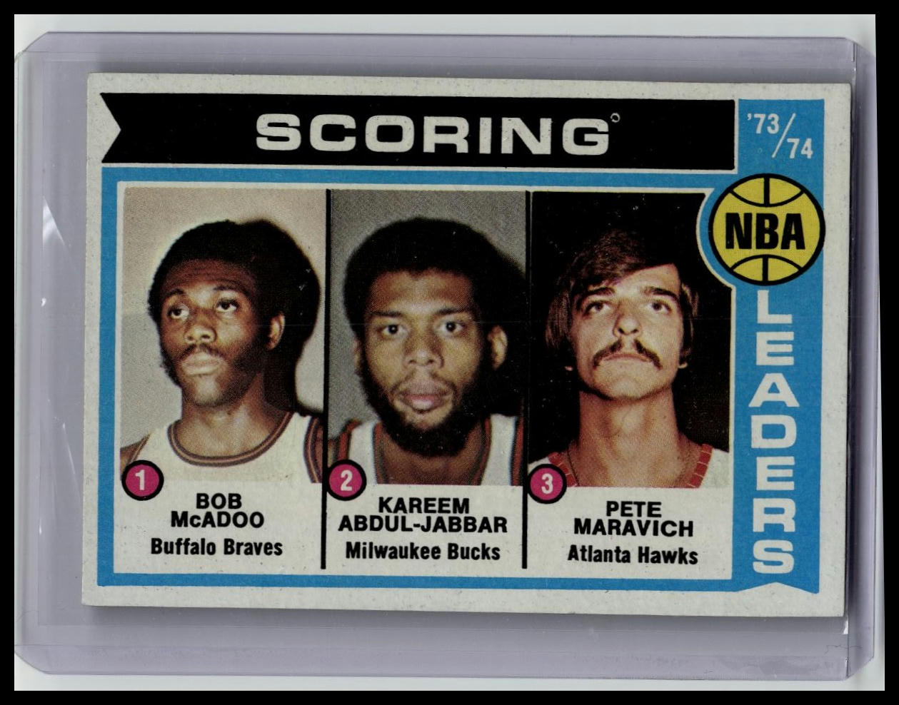 1974-75 Topps Bob McAdoo Kareem Abdul-Jabbar Pete Maravich #144
