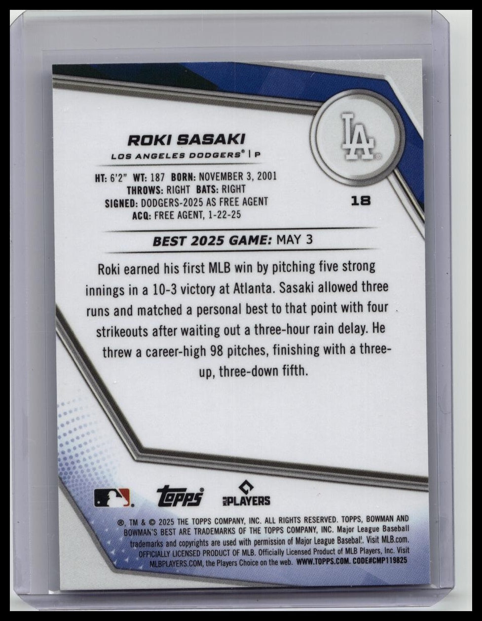 2025 Bowman's Best - Roki Sasaki #18 Purple Refractor /250 (RC)
