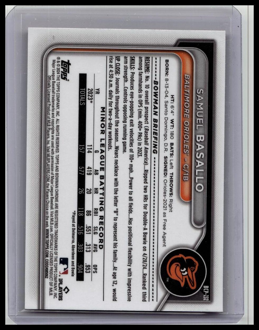 2024 Bowman Sapphire SAMUEL BASALLO Prospect Orange /25 #BCP-232