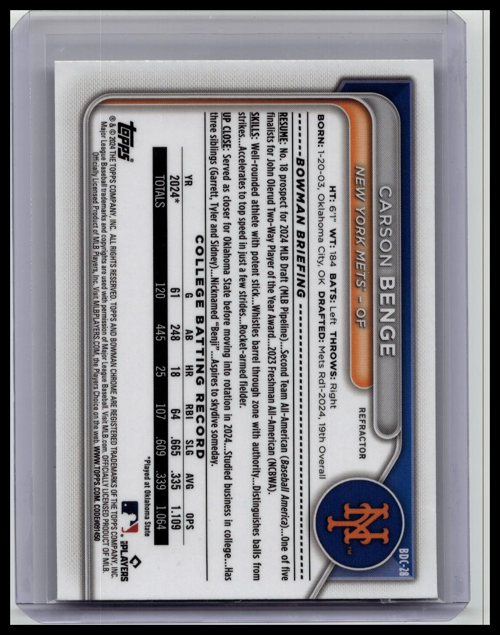Carson Benge 2024 Bowman 1st Draft Chrome #BDC-28 Refractor (RC) Mets