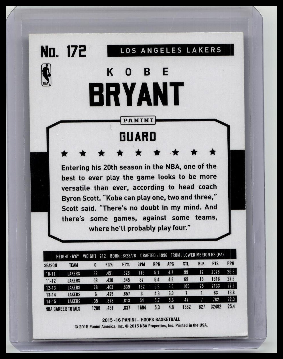 2015-16 Panini Hoops Kobe Bryant Los Angeles Lakers Card 172