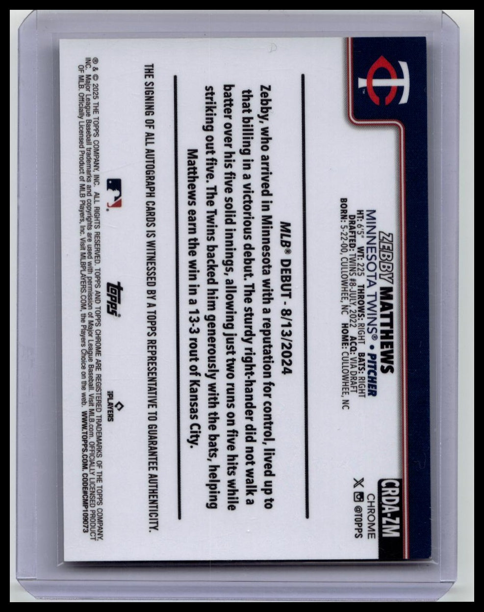 2025 Topps Chrome Update Zebby Matthews Gold Wave /50 Rookie Auto TWINS