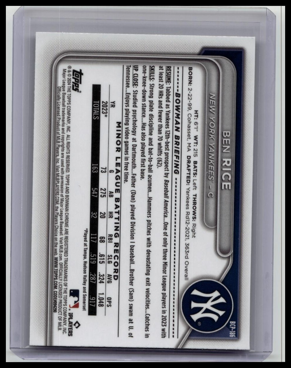 2024 Bowman Mega Box Ben Rice #BCP-186 Chrome 1st Mojo Refractor