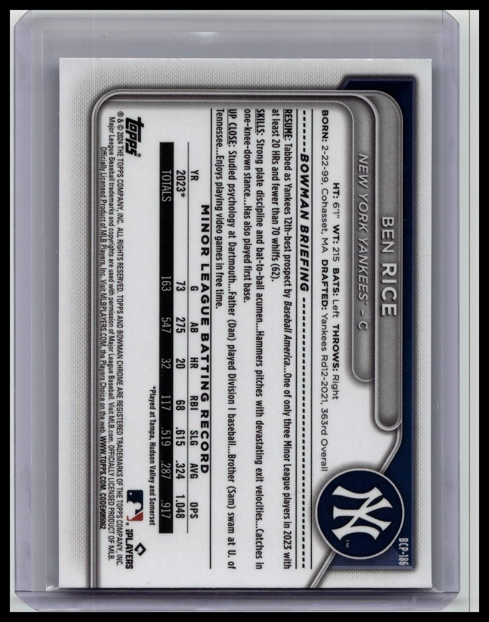 2024 Bowman Chrome Sapphire 1st Edition Prospects Ben Rice #BCP-186 RC Yankees