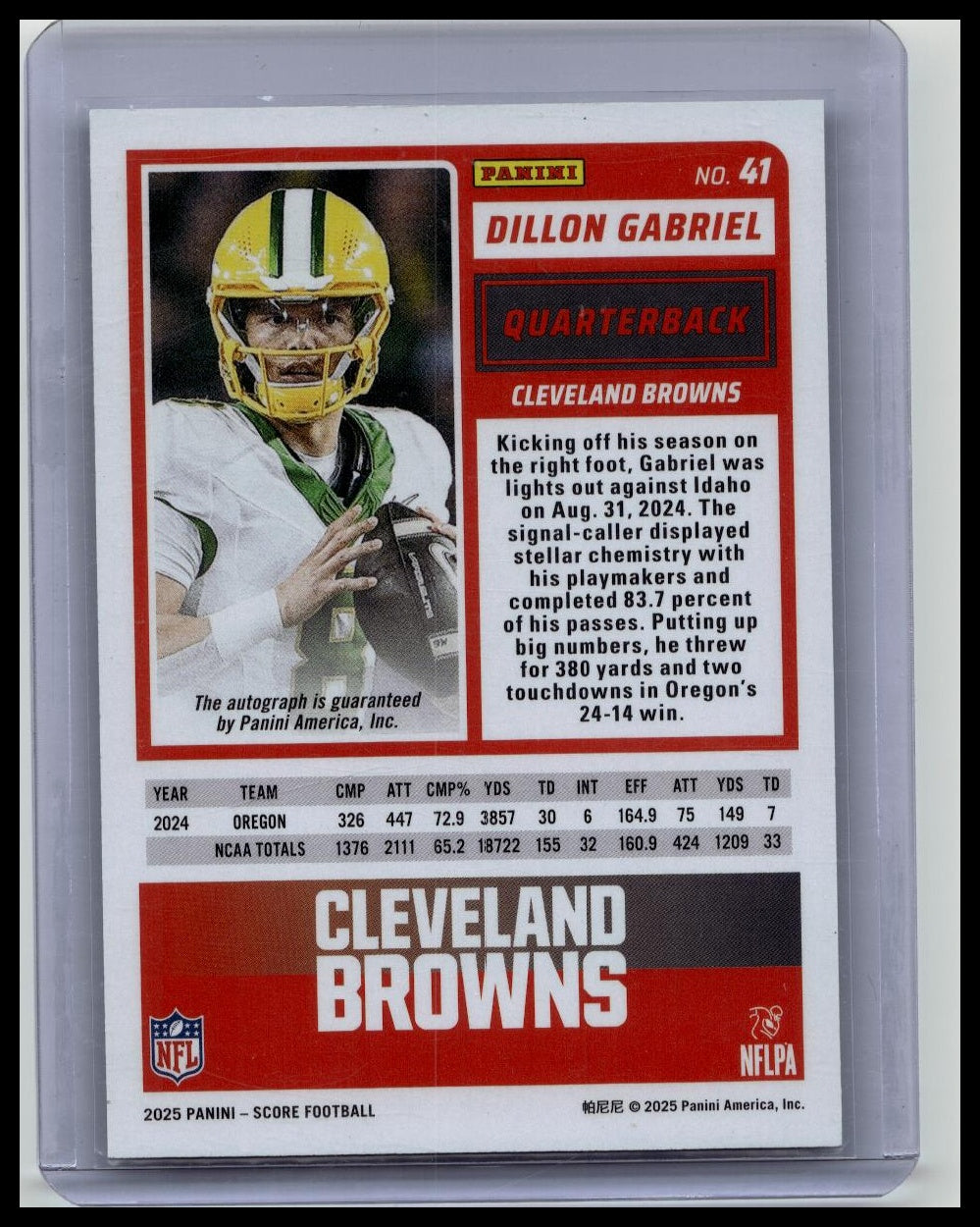 2025 Score - Rookies Dillon Gabriel #41 Green Signatures Cleveland Browns Auto