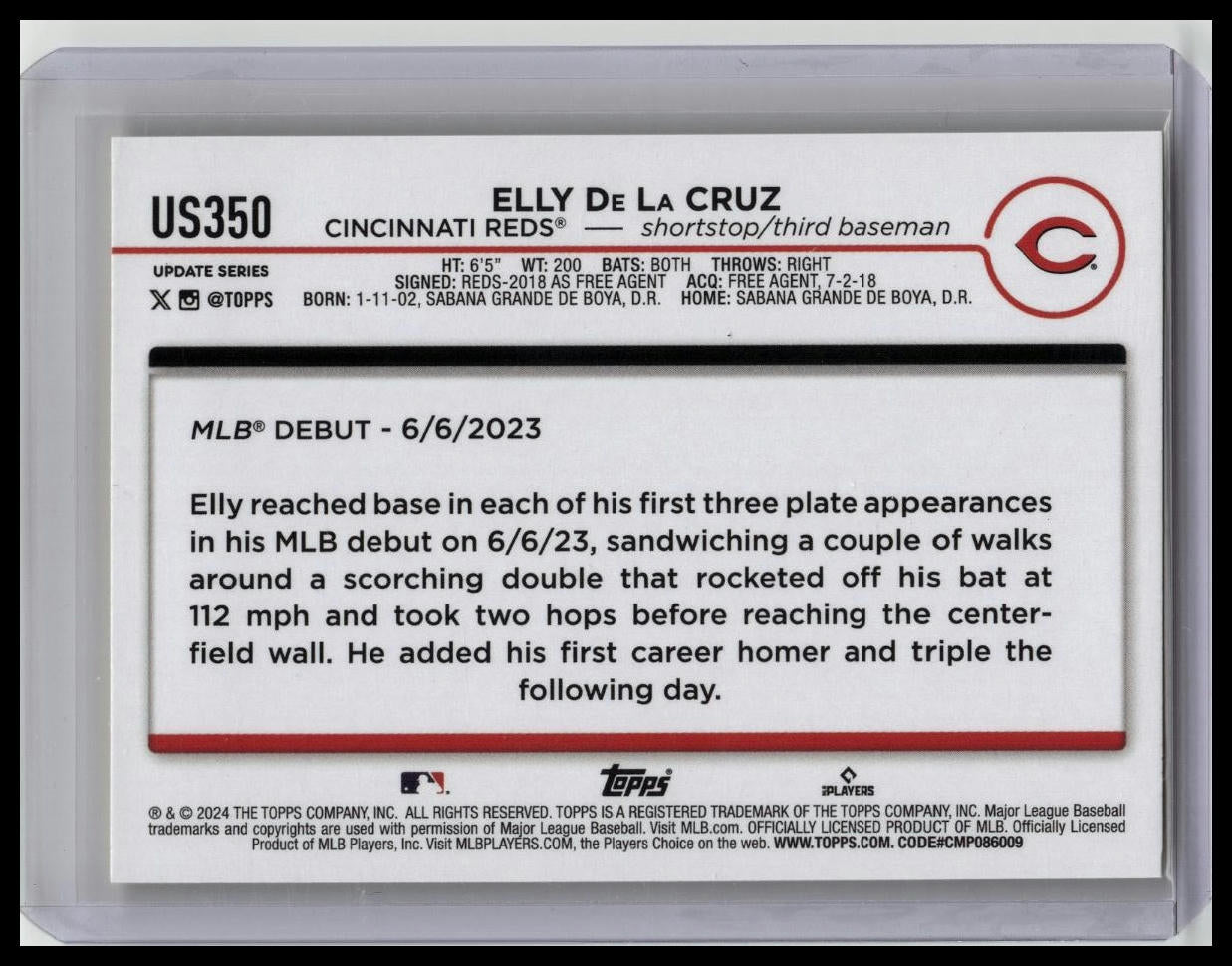 2024 Topps Update #US350 Elly De La Cruz Rookie Debut Yellow RC Cincinnati Reds