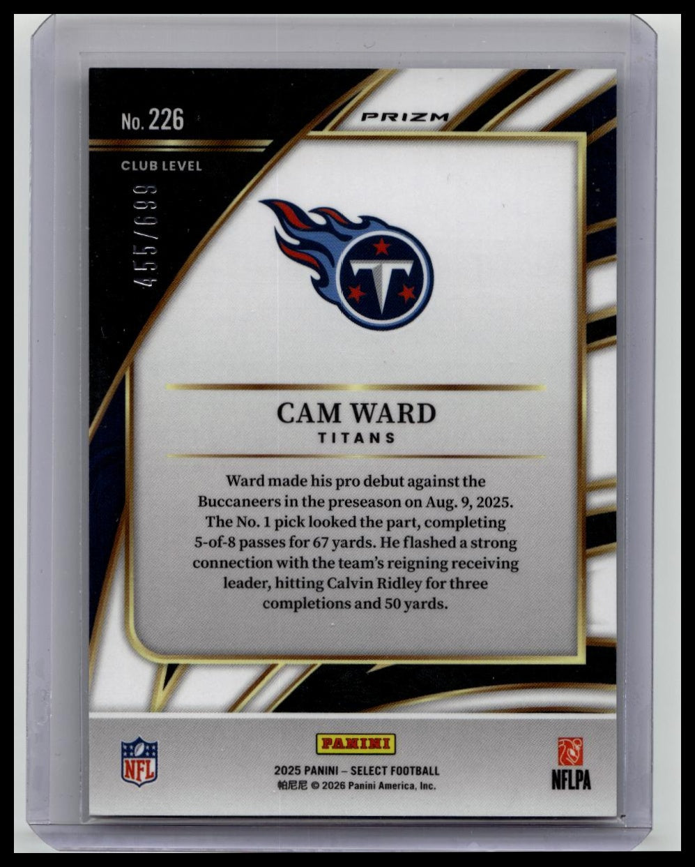 CAM WARD Purple Shock Prizm Rookie Card #/699 SP 2025 Panini Select Football