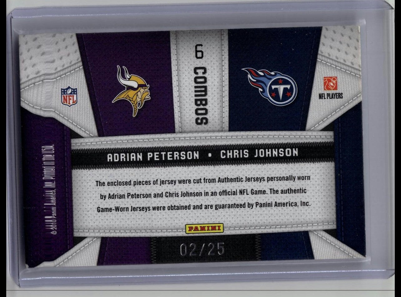 2010 Certified Fabric Of The Game Combos Dual Relic Adrian Peterson Chris Johnson /25