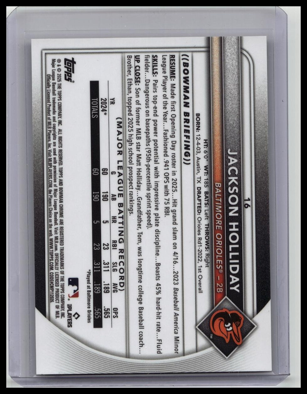 2025 Bowman Chrome - Jackson Holliday, Jackson Holliday #16 Gold Refractor /50