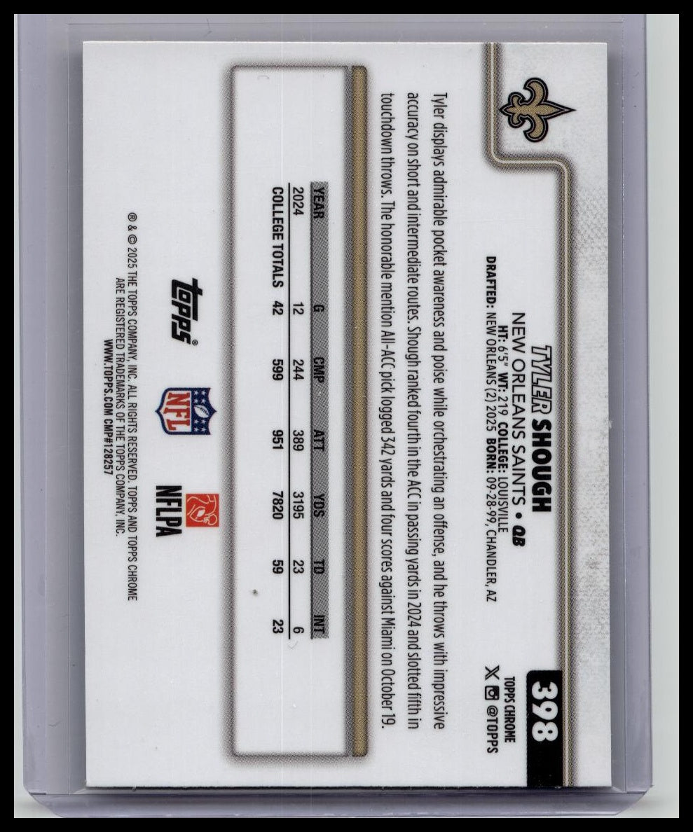 Topps 2025 Chrome Rookie Red White Blue #398 Tyler Shough - Saints