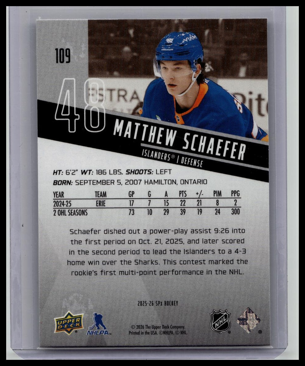 2025-26 SPx Matthew Schaefer RC Rookie #109 Islanders
