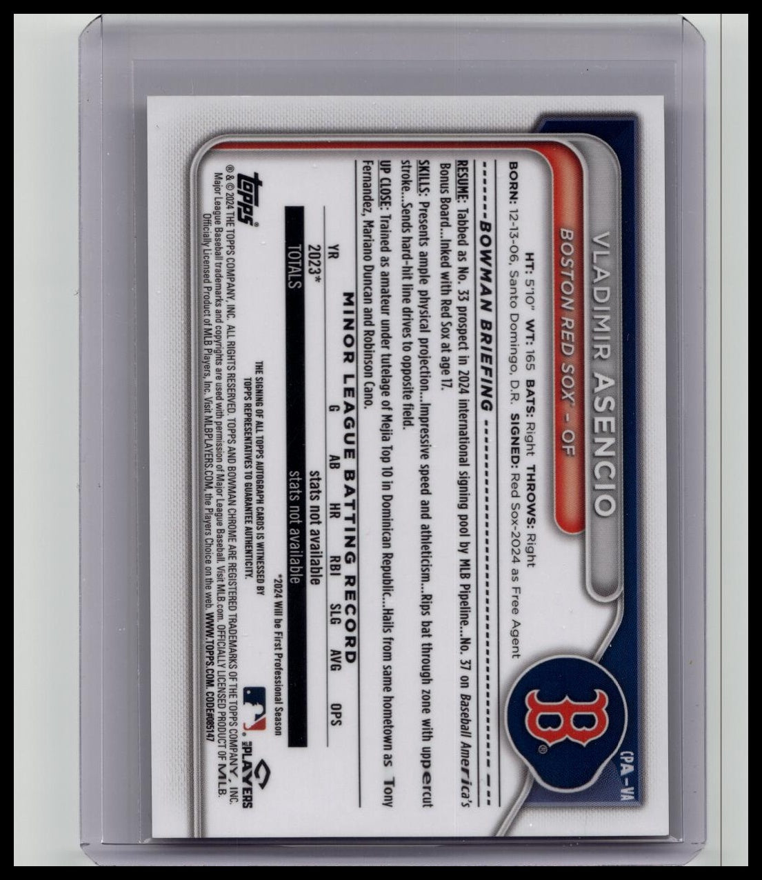 2024 Bowman Chrome CSPA-VA Vladimir Asencio 1st Auto Orange /25 Red Sox