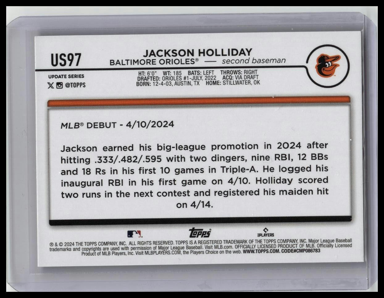 Jackson Holliday RC 2024 Topps Update Holiday Jack O'Lanterns Pumpkins ROOKIE