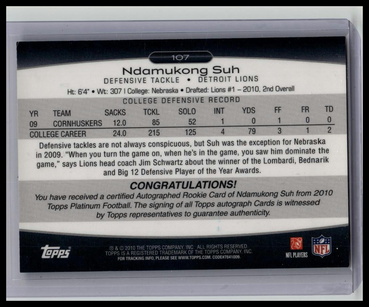 2010 Topps Platinum NDAMUKONG SUH Refractor Rookie Auto /400 Lions