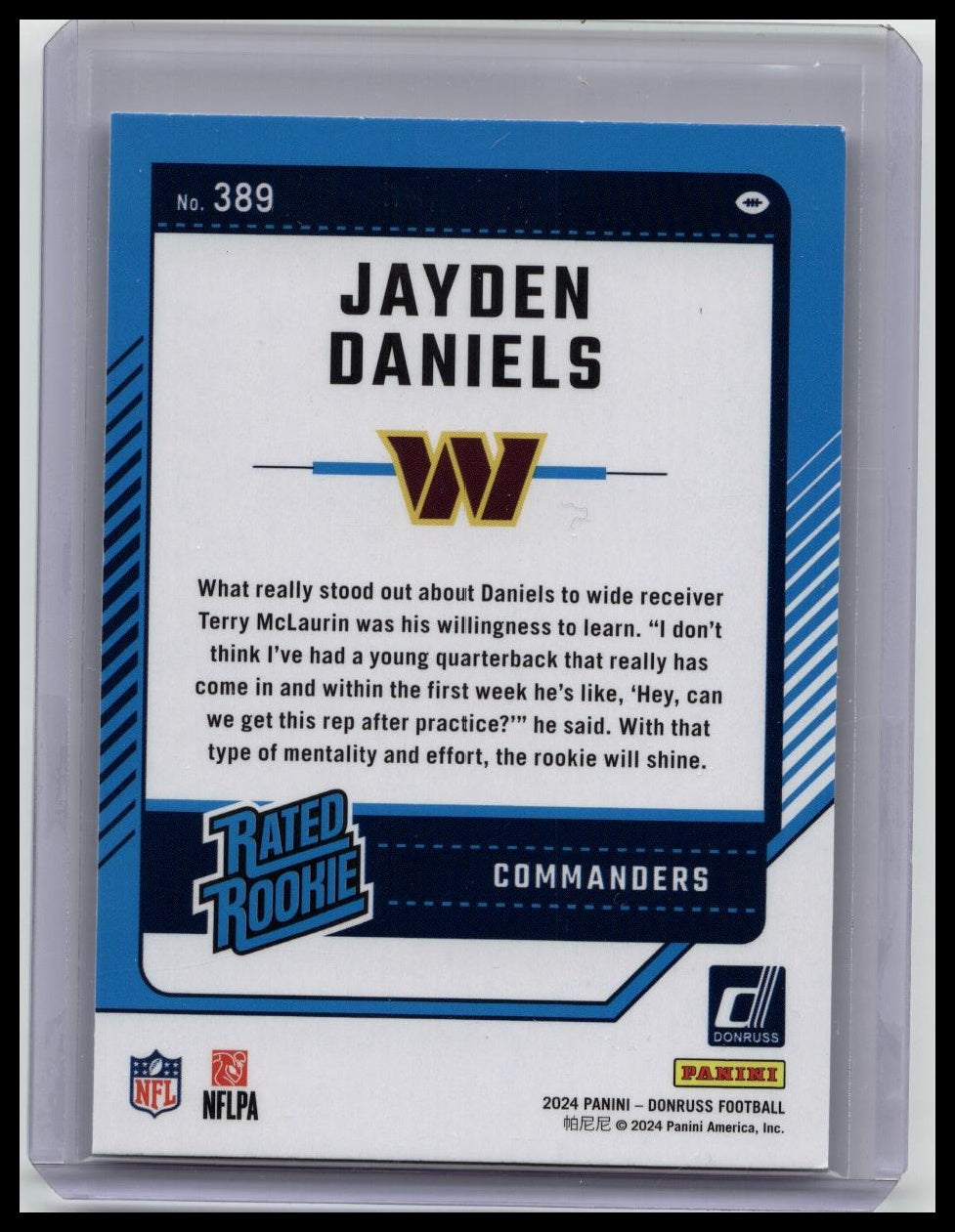 Jayden Daniels 2024 Panini Donruss Football Rated Rookie Card #389 RC Commanders