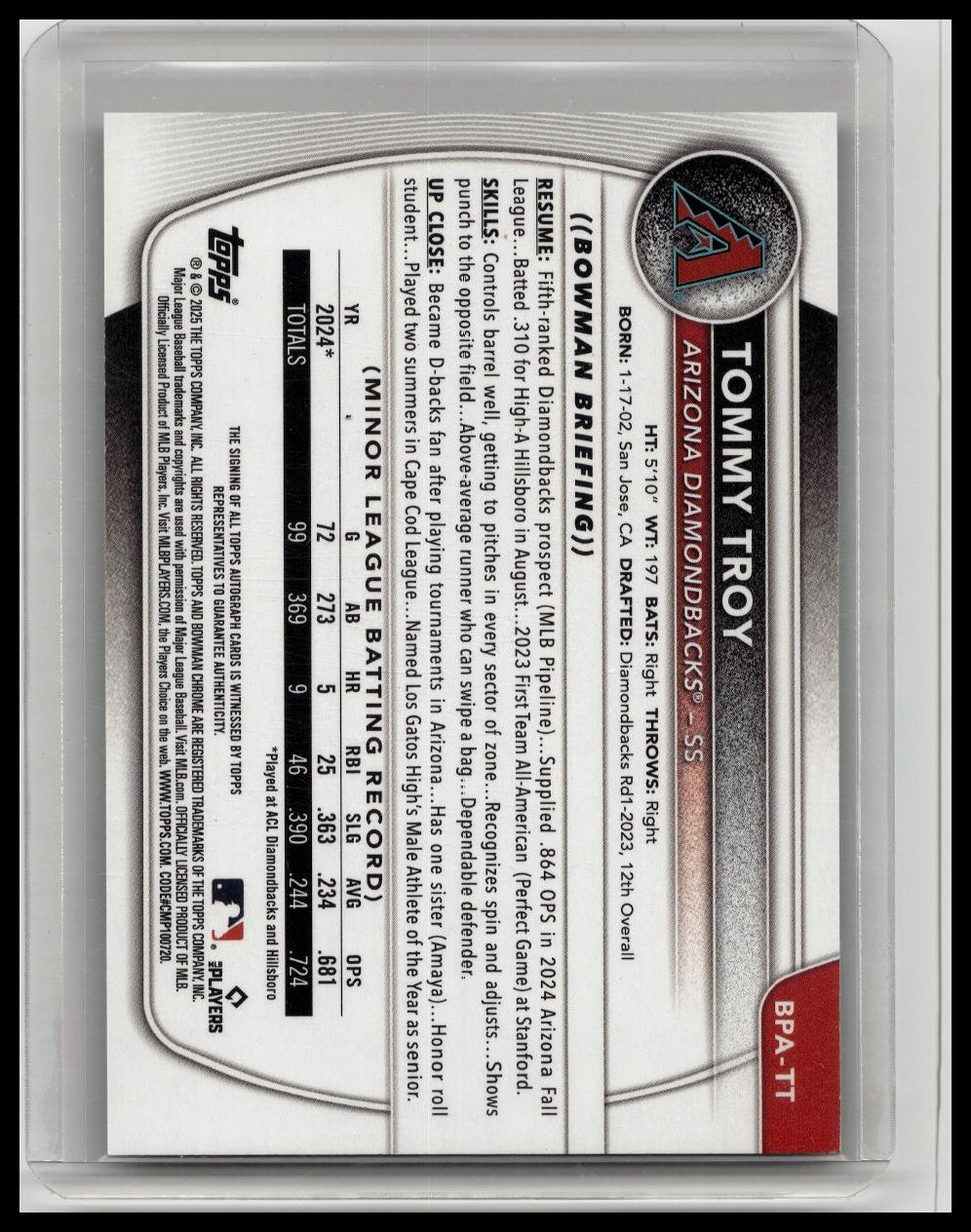 Tommy Troy Bowman Green Paper Prospect Auto /99 2025 Bowman Baseball Diamondbacks