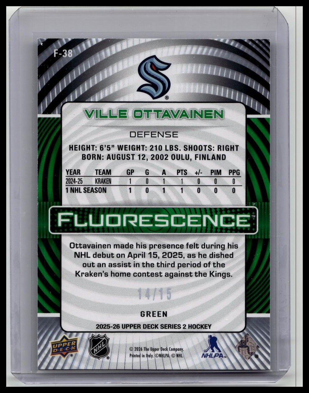 2025-26 UD S2 Ville Ottavainen Rookie Fluorescence Green /15 F-38 Kraken