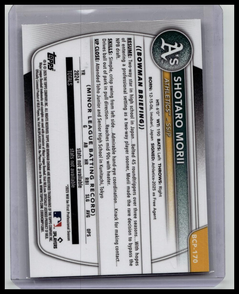SHOTARO MORII #/250 2025 BOWMAN CHROME 1ST PURPLE WAVE REFRACTOR RC #BCP-170 A'S