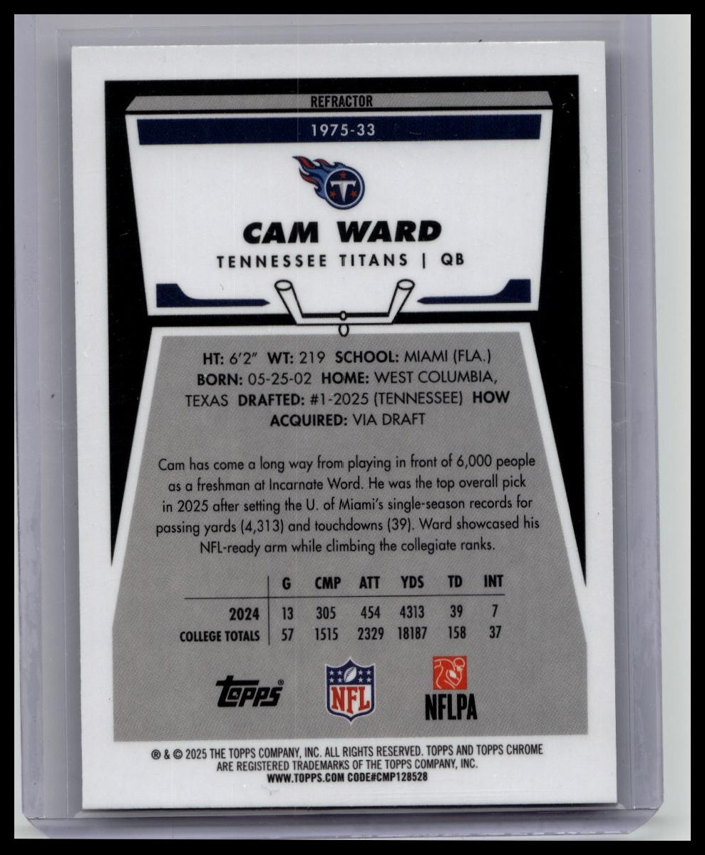2025 Topps Chrome RC Cam Ward 1975 Throwback Refractor Titans NFL