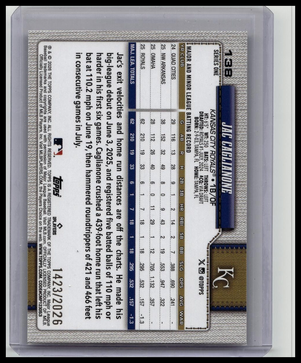 2026 Topps Series 1 Jac Caglianone Gold Parallel #138 SP /2026 Rookie Card RC