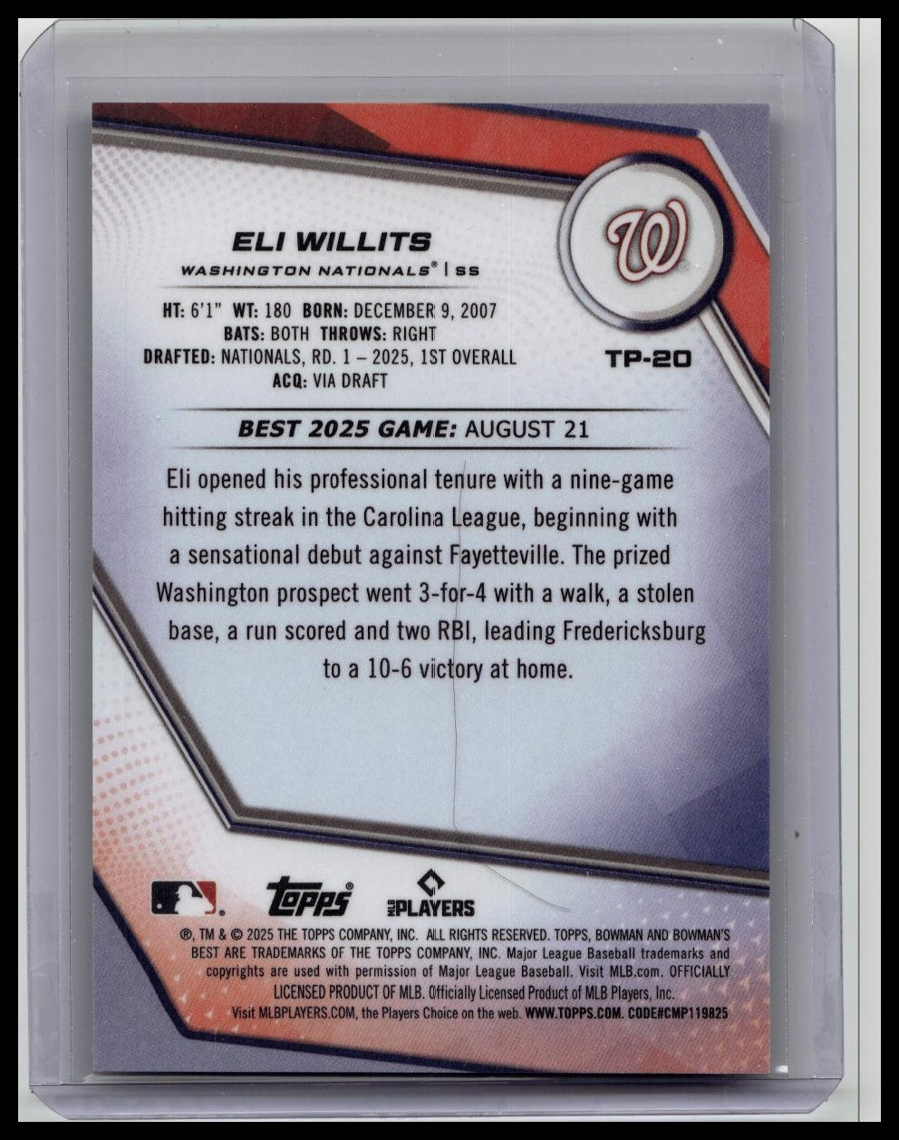 2025 Topps Bowman's Best Eli Willits Laser Refractor TP-20 /75 Nationals