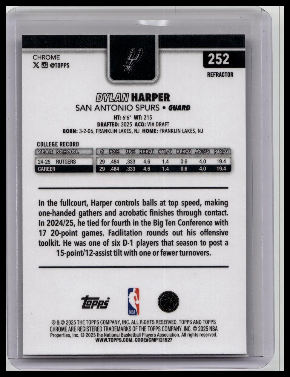 2025-26 Topps Chrome - Dylan Harper #252 True Refractor RC Rookie