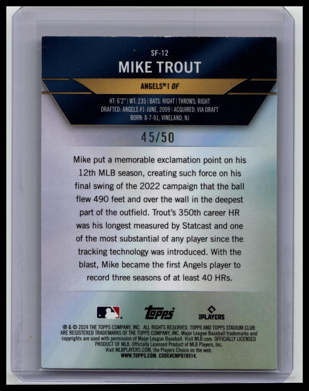 2024 Topps Stadium Club - Special Forces MIKE TROUT #SF-12 Green Parallel 45/50