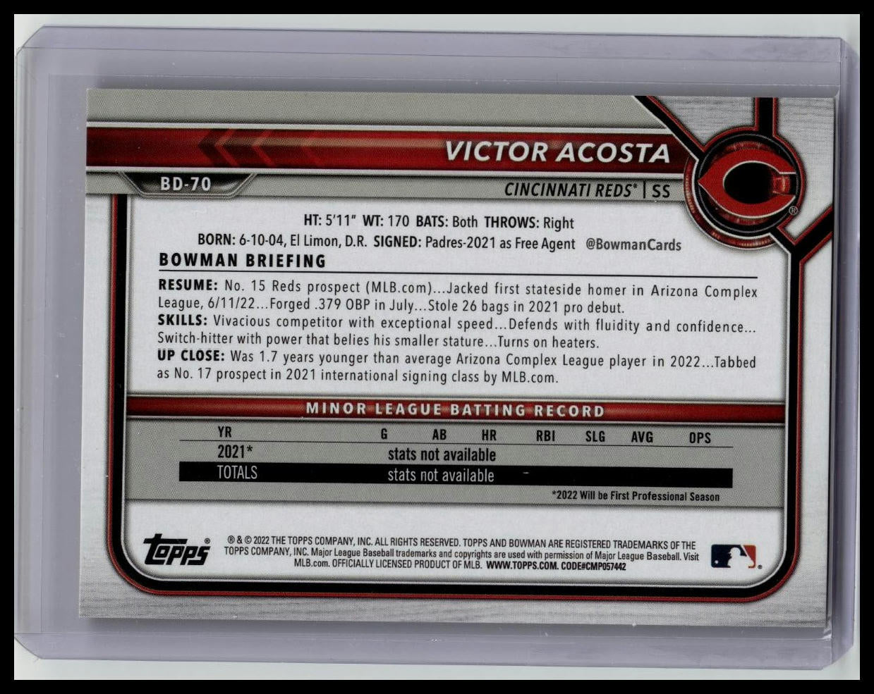 2022 Bowman Draft 1st Edition VICTOR ACOSTA #BD-5 Orange Foil #/25 Reds