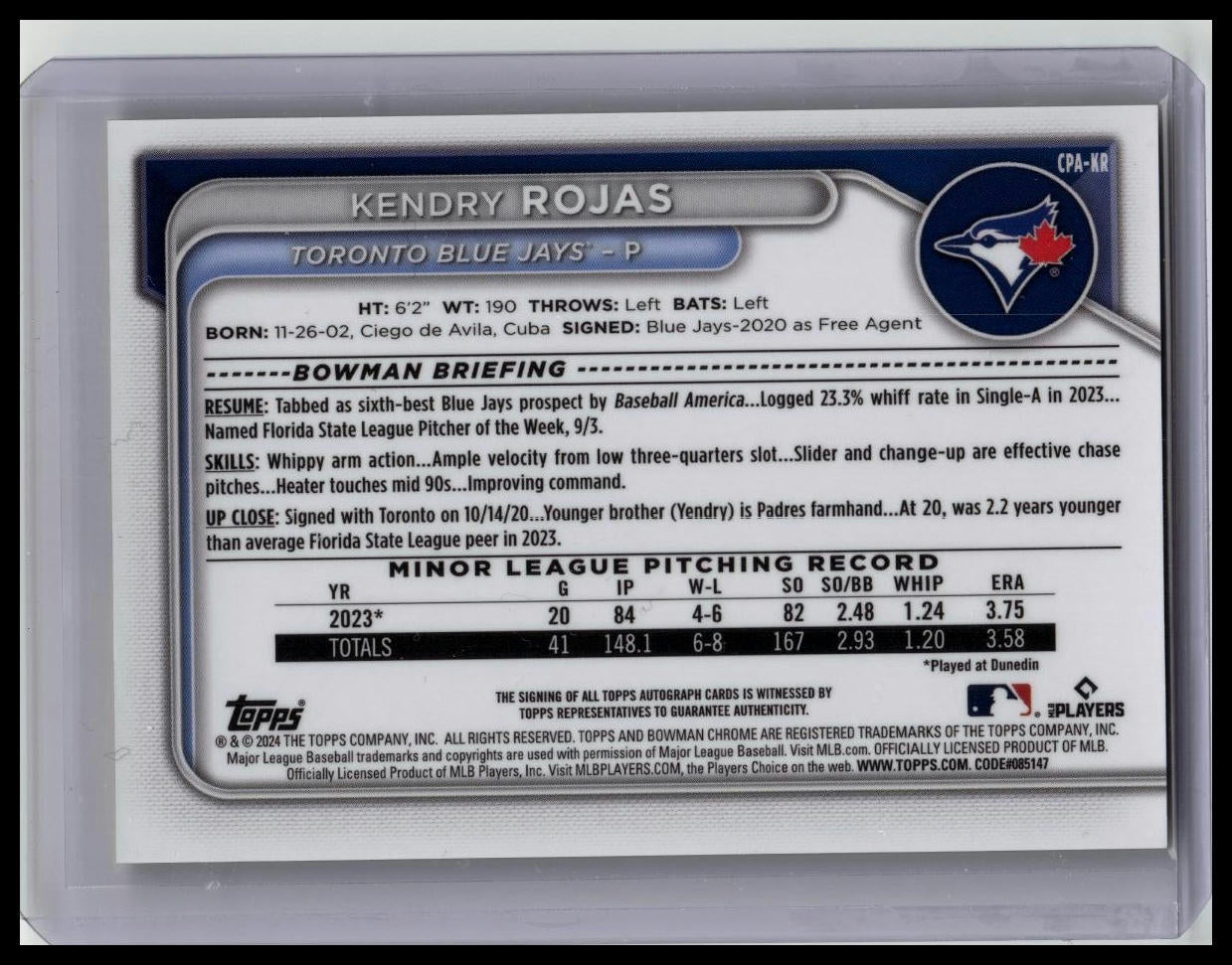 2024 Bowman Chrome 1st Kendry Rojas Yellow Chrome Refractor Auto Card 54/75