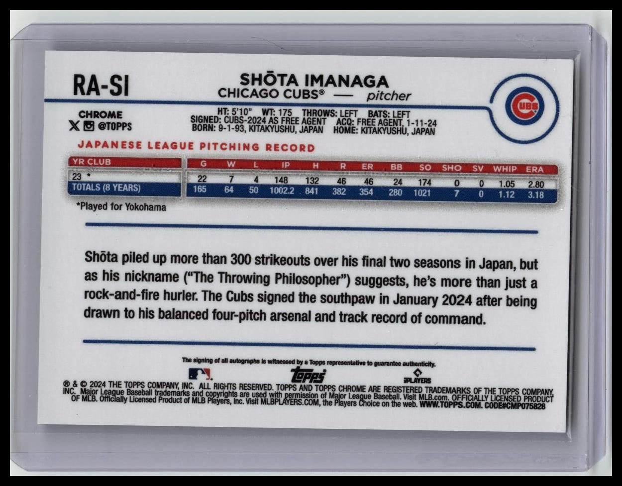 2024 Topps Chrome Shota Imanaga AUTO RC - Cubs #RA-SI