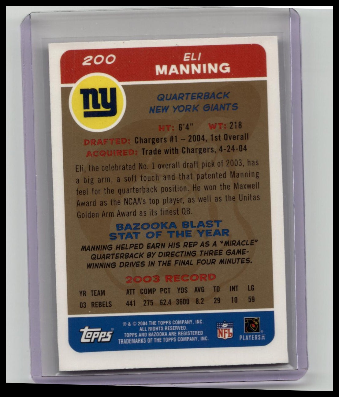 2004 Bazooka Gold Eli Manning #200 Rookie RC