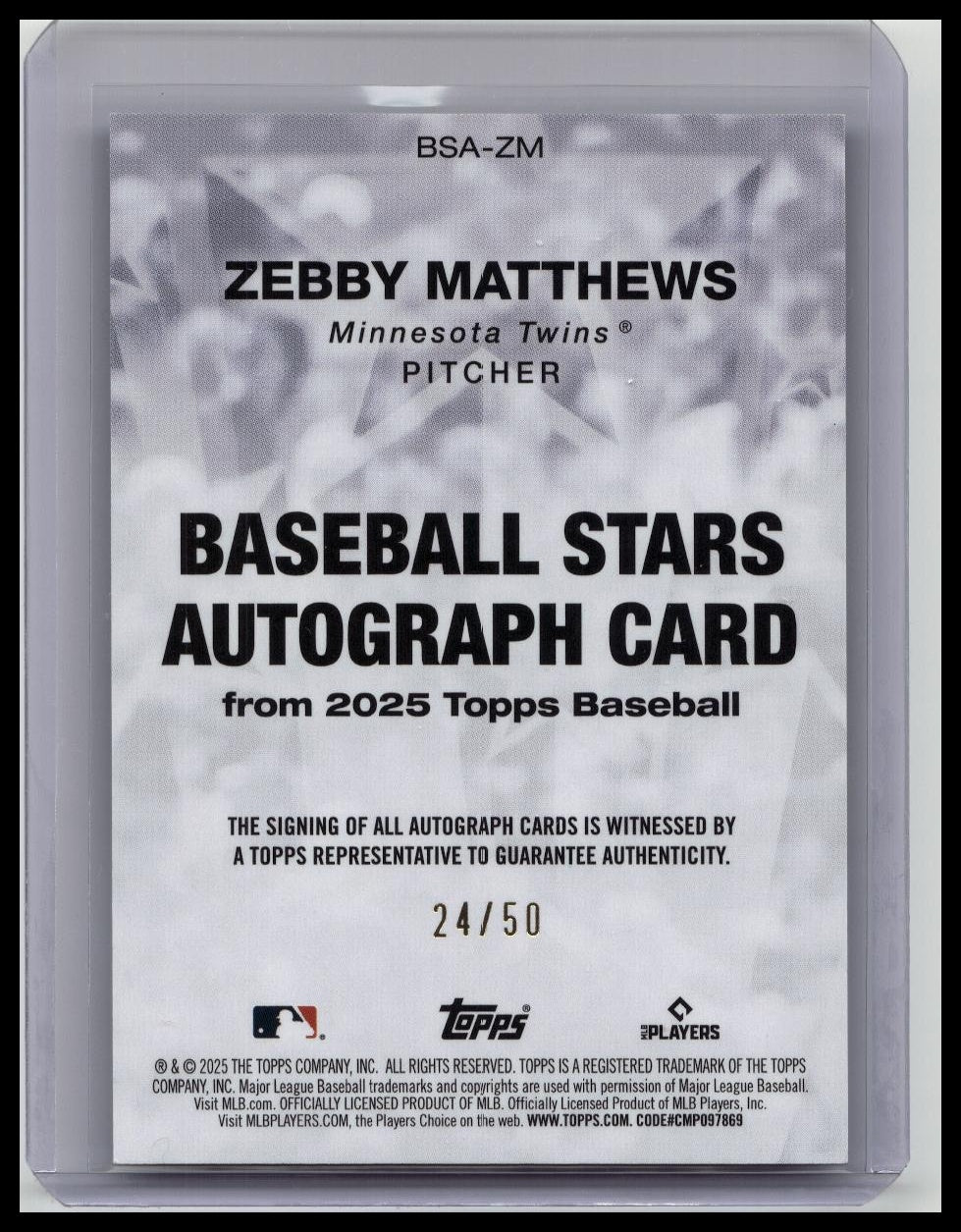 Zebby Matthews 2025 TOPPS SERIES 1 RC ALL STARS GOLD AUTO /50 #BSA-ZM - Twins