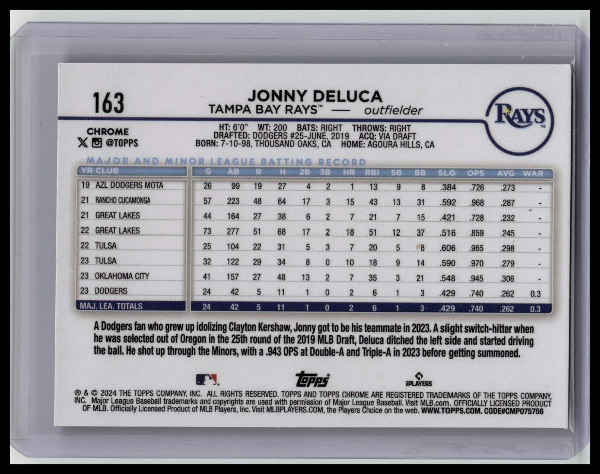 2024 Topps Chrome Lightboard Refractor SSP Rookie #163 Jonny Deluca Rays