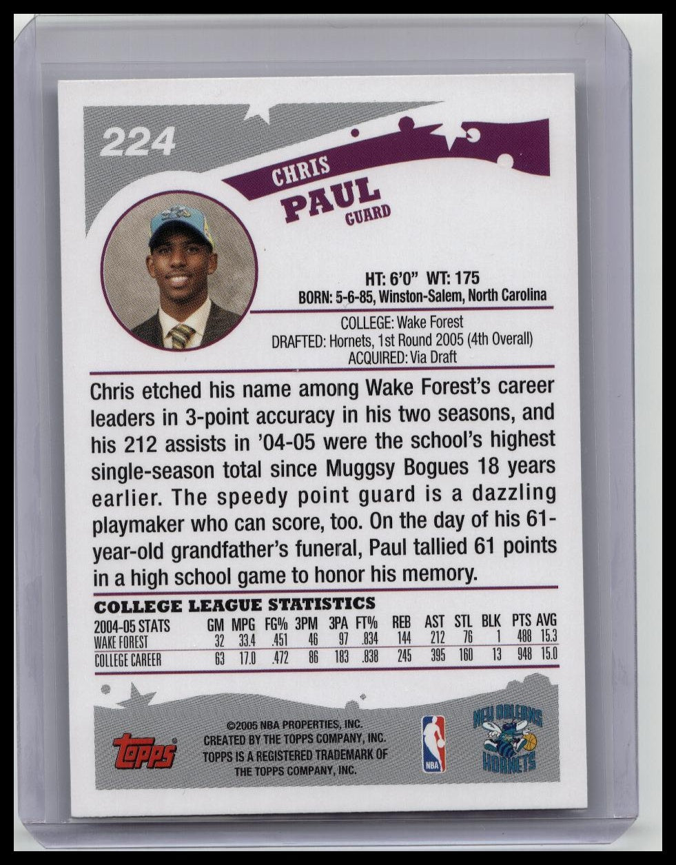 2005-06 Topps Chris Paul Rookie RC #224 PSA 8 NM-MT Charlotte Hornets