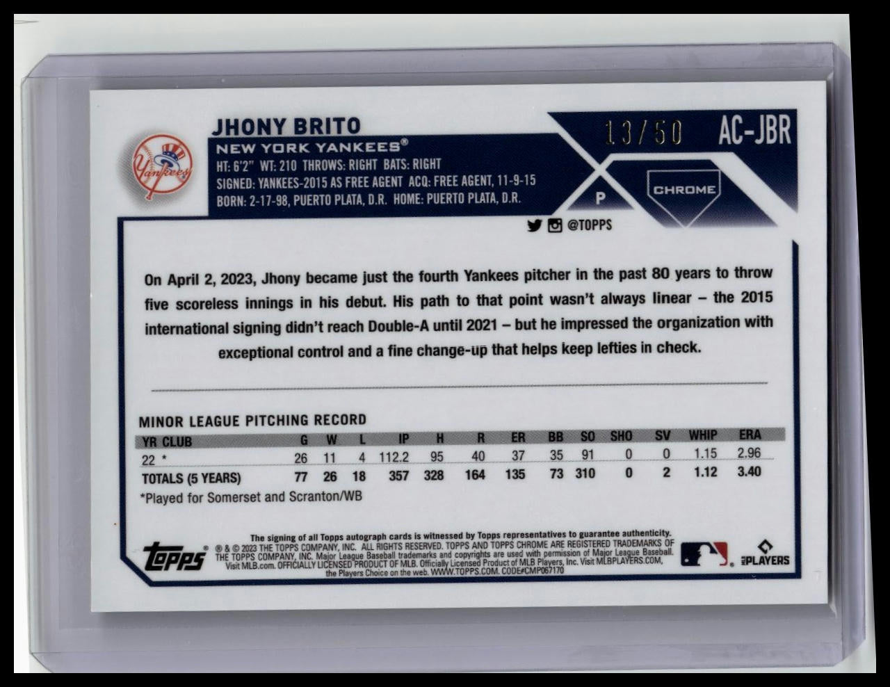 2023 Topps Chrome JHONY BRITO! /50 ROOKIE GOLD REFRACTOR AUTO!