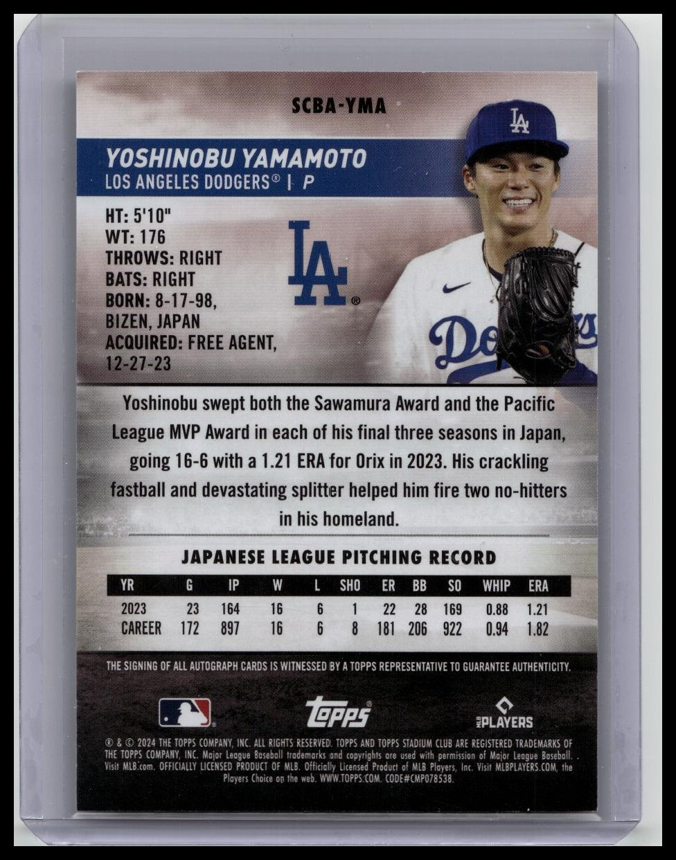 2024 Topps Stadium Club Autographs Yoshinobu Yamamoto On Card Auto RC DODGERS