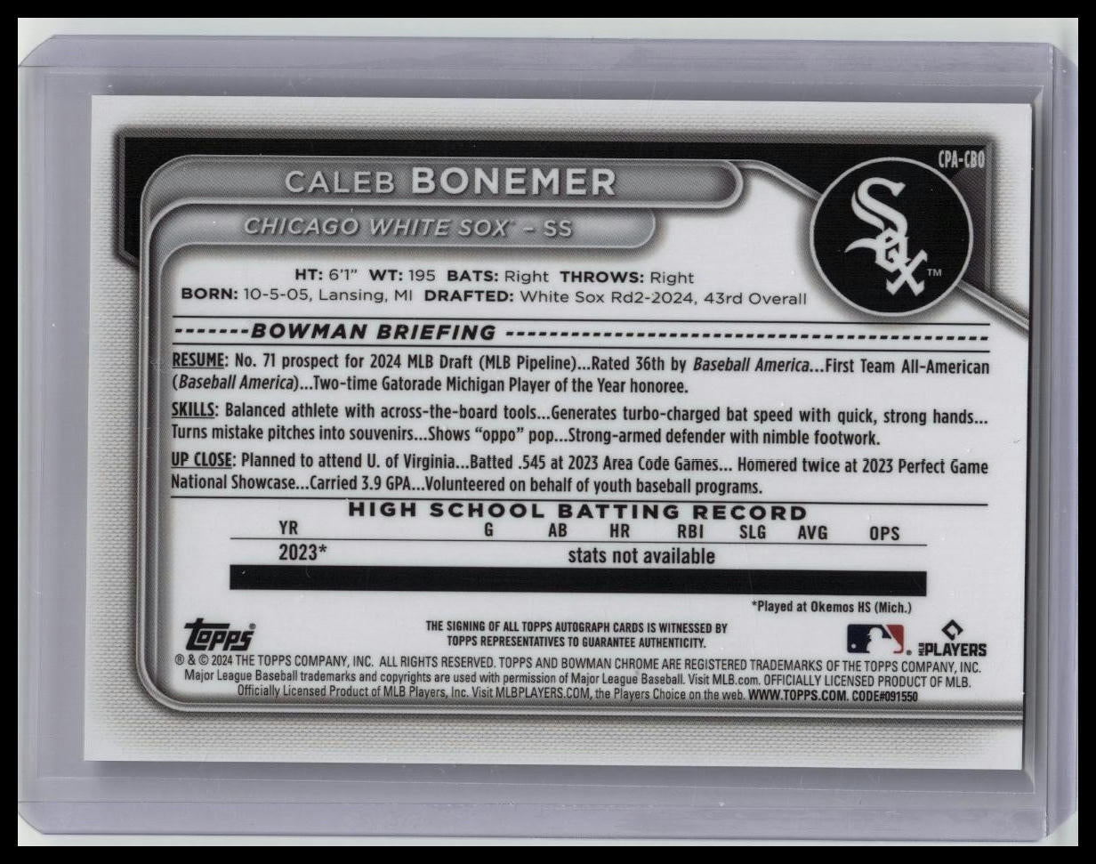 2024 Bowman Draft Caleb Bonemer Chrome Prospect Auto 1st #CPA-CBO