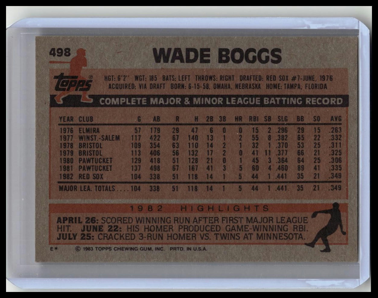 1983 Topps - #498 Wade Boggs (RC)