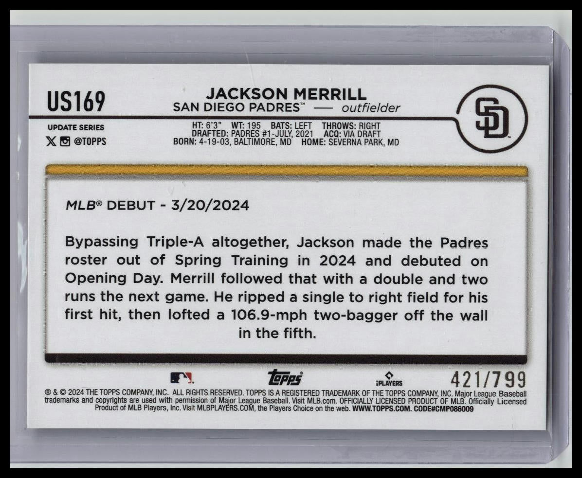 2024 Topps Update Purple Foil /799 Rookie Debut Jackson Merrill #US169 Padres