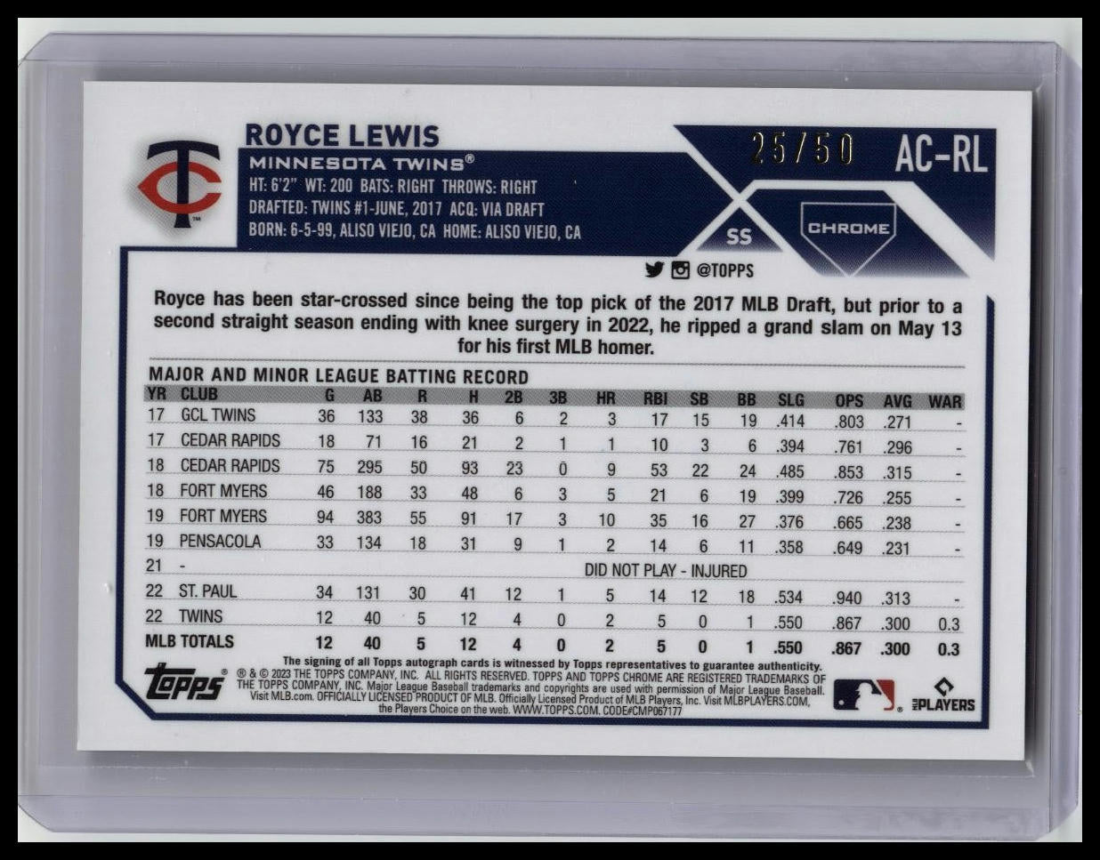 Royce Lewis 2023 Topps Chrome Gold Refractor Autograph 25/50 Twins Auto